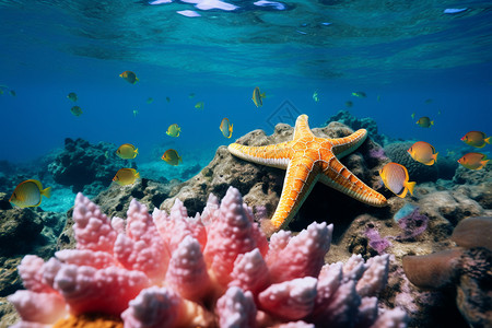 小鱼珊瑚和海星海底美丽的世界背景