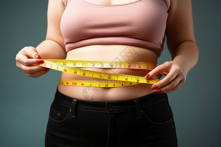测量腰围的微胖女性高清图片