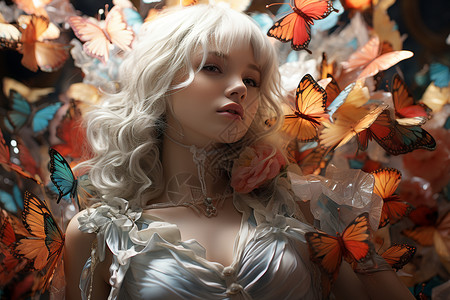 梦幻氛围下的蝴蝶少女背景图片