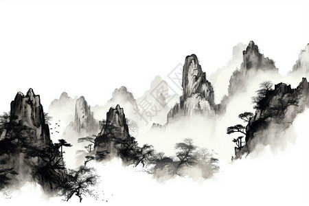 山间云雾艺术创意的风景水墨画插画