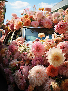 被鲜花包围的汽车背景图片