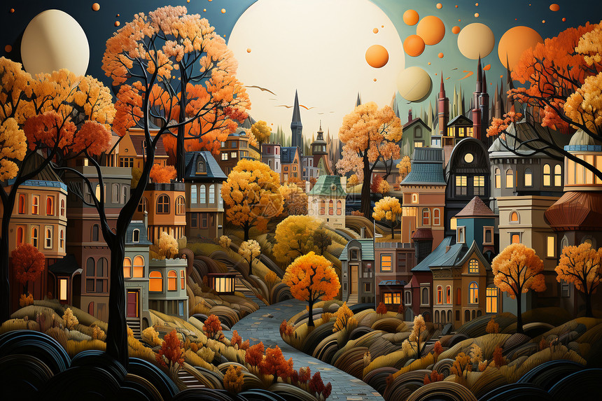 创意秋天色彩的城市图片