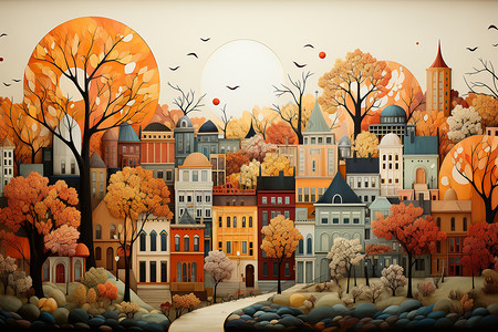 迷人炫色创意艺术的秋天色城市景观插画