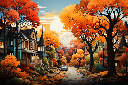 迷人炫色创意艺术的秋天色城市景观插画