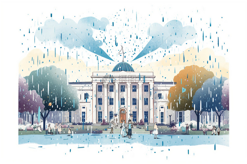 雨中美丽的校园插图图片