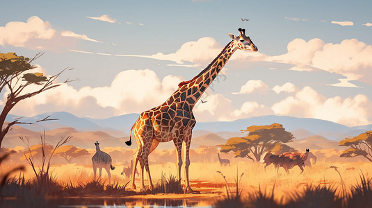 非洲平原野生的长颈鹿插画