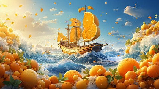 创意海面上的橘子船背景图片