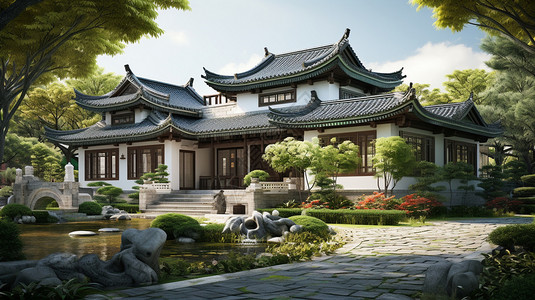 新中式豪华别墅园林景观背景图片