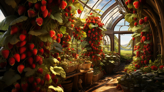 草莓种植基地农业种植的草莓温室插画