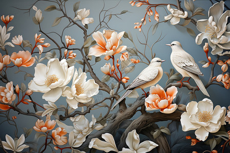 花卉和鸟类图案插图背景图片