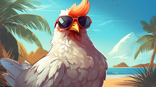 夏天沙滩上的卡通公鸡背景图片