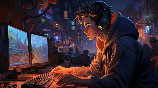 电脑竞技熬夜打游戏的网瘾少年插画