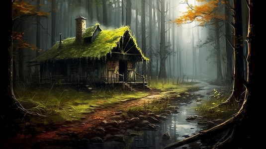 郁郁葱葱的森林小屋插图图片