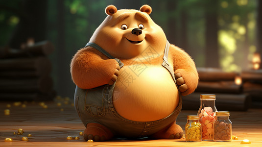 肚子胖3D卡通胖熊创意插图插画
