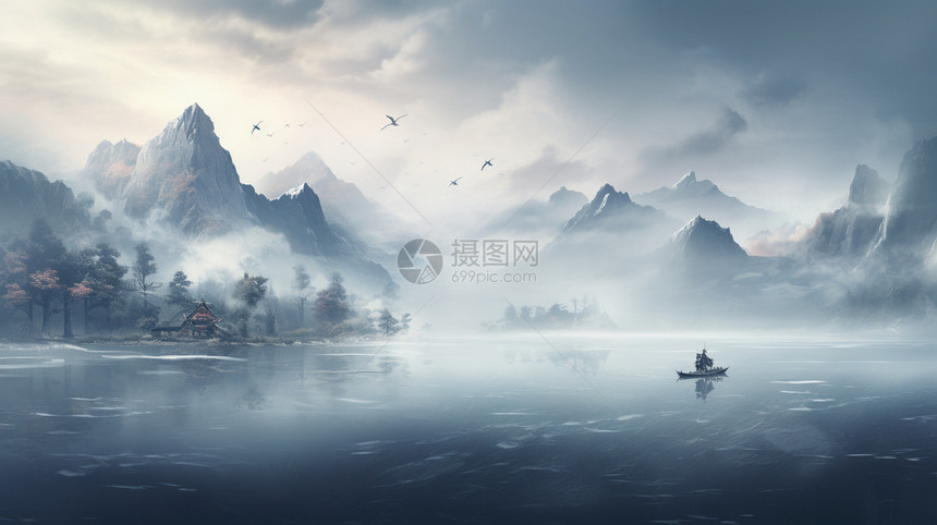 中式国风山间意境风水画图片