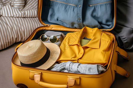 黄色太阳帽出游前打包好的行李箱背景