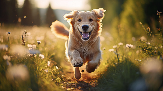 户外草地中奔跑的金毛犬图片