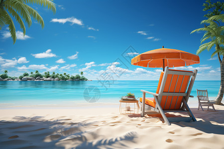 天空海景沙滩上的躺椅设计图片