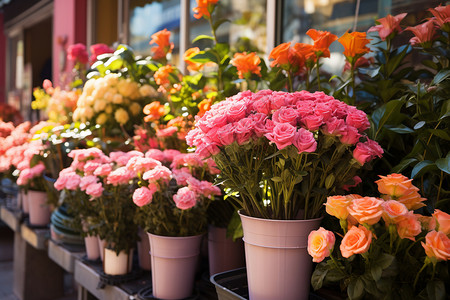 橱窗外夏季花店外的鲜花盆栽背景