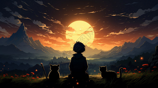 宫崎骏风山间的男孩和猫咪背景图片