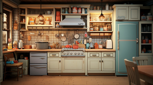 厨房装修室内家居的厨房场景插画
