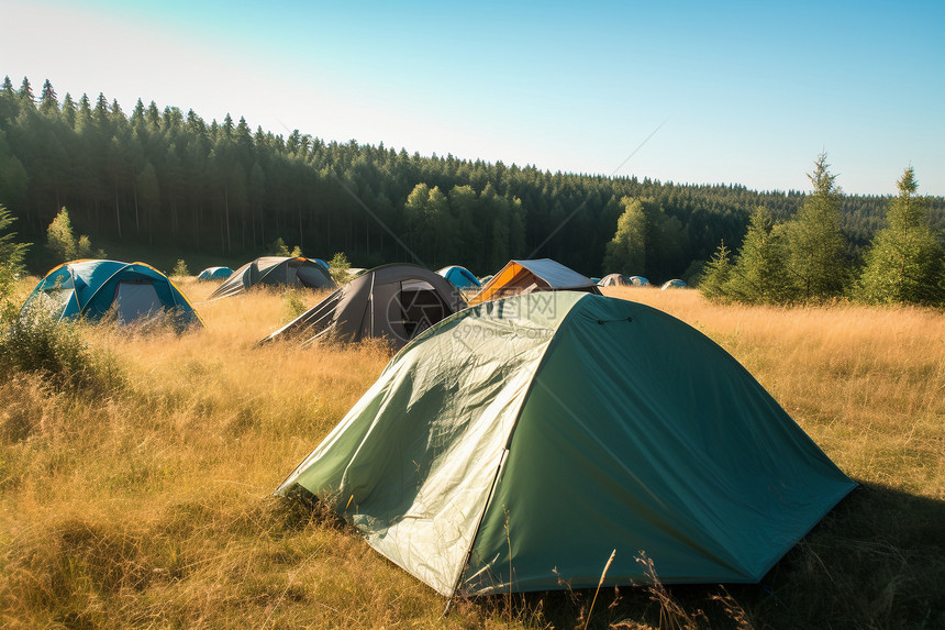 夏季森林中露营的帐篷图片