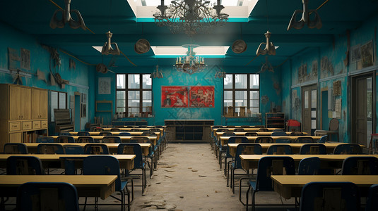 破旧废弃的小学教室背景图片