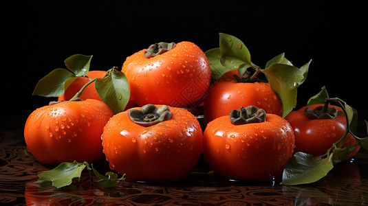 新鲜采摘的柿子背景图片