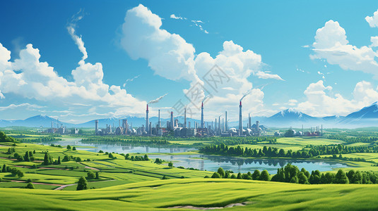 工业发电厂的油画插图背景图片