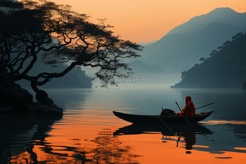 坐在船上赏湖边景色的人图片