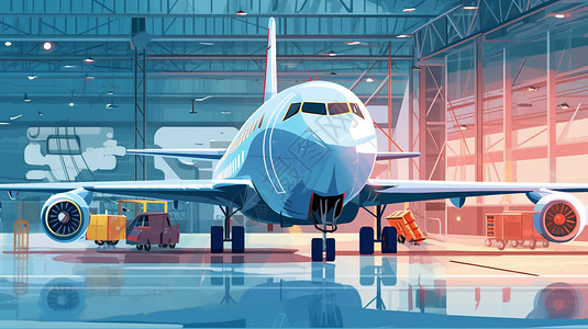 维修飞机机库中的民航飞机插画