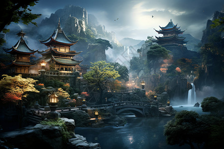 中国古典园林中国古典风建筑物插画