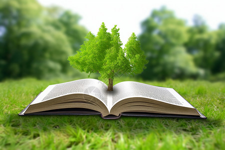 草地上生长树木的书籍背景图片