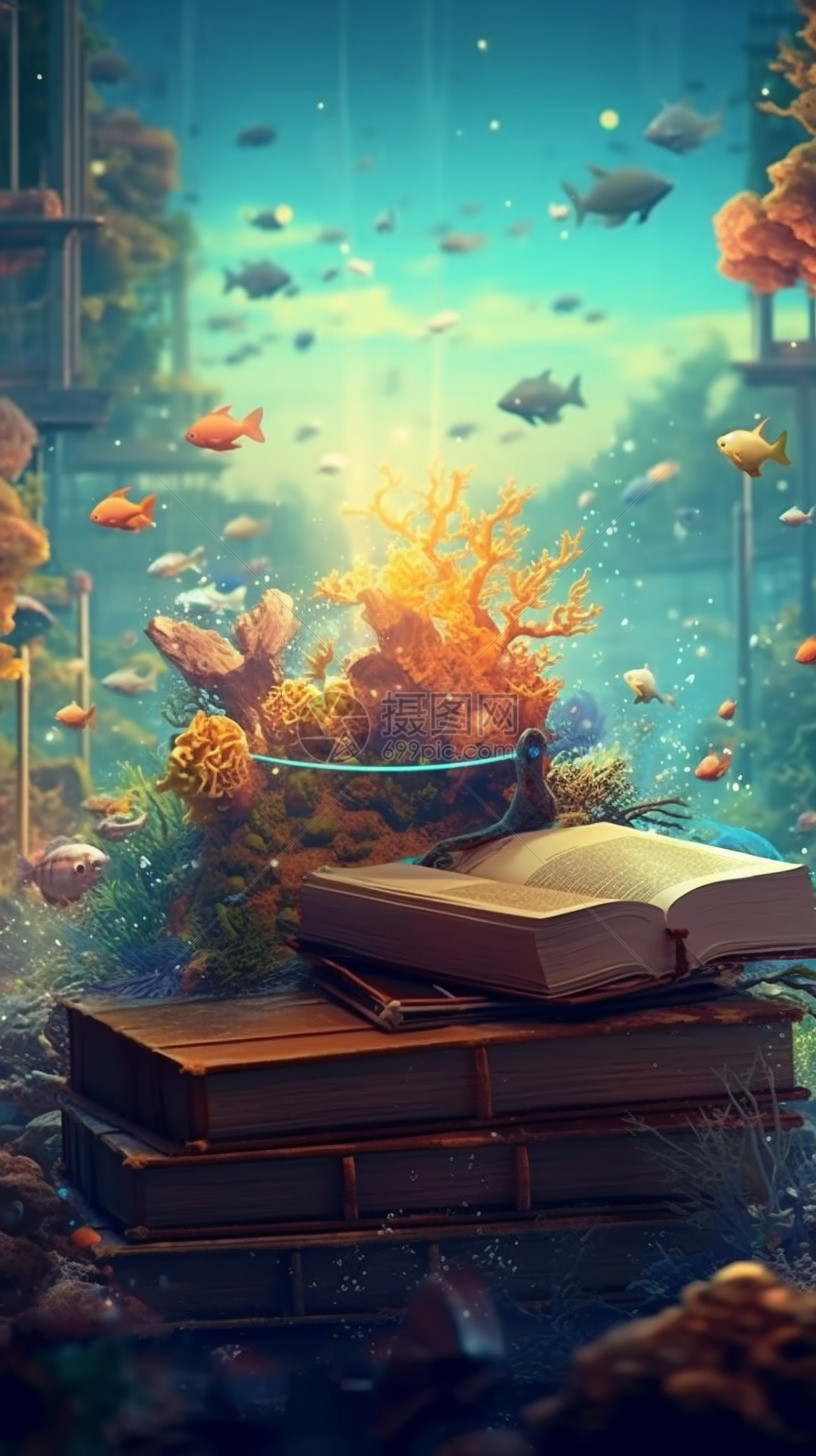 深海中的书籍创意插图图片