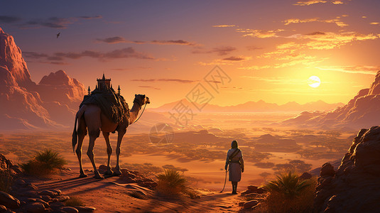沙漠中牵着骆驼的男子图片