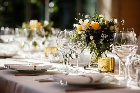 露天宴会宴会上的鲜花装饰餐桌背景