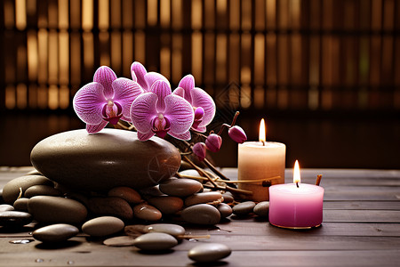 木桌上的岩石兰花和蜡烛背景图片