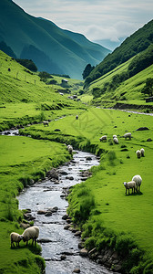 夏天山间草地上放牧的羊群图片