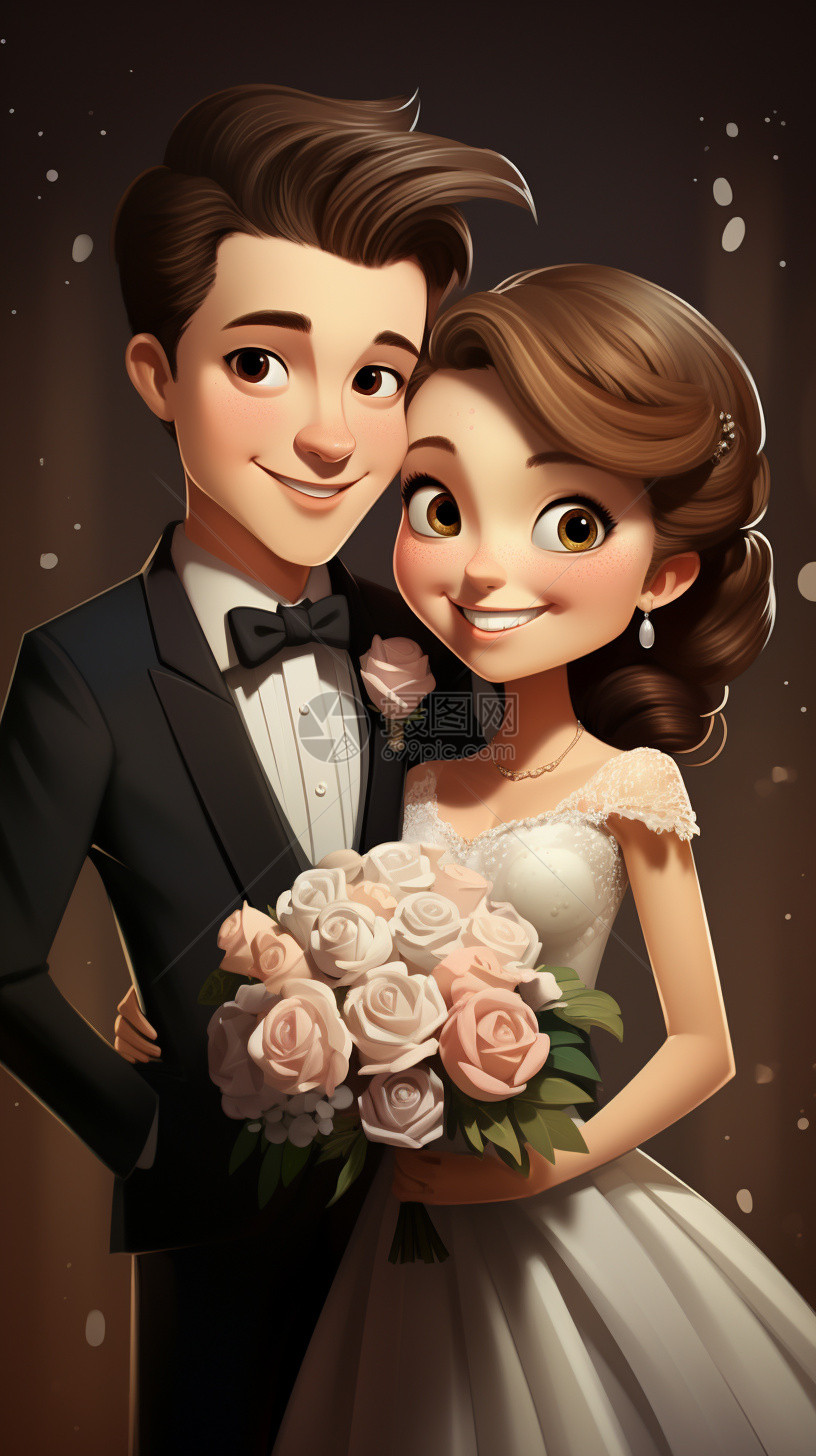 3D卡通风格新婚夫妇图片