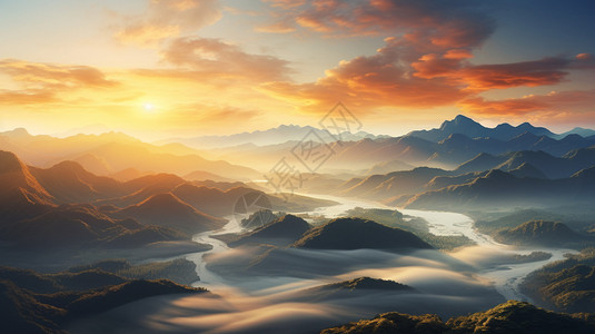 日出景观薄雾笼罩的山间景观插画