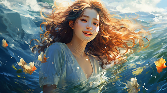 大海中美丽的年轻女孩背景图片