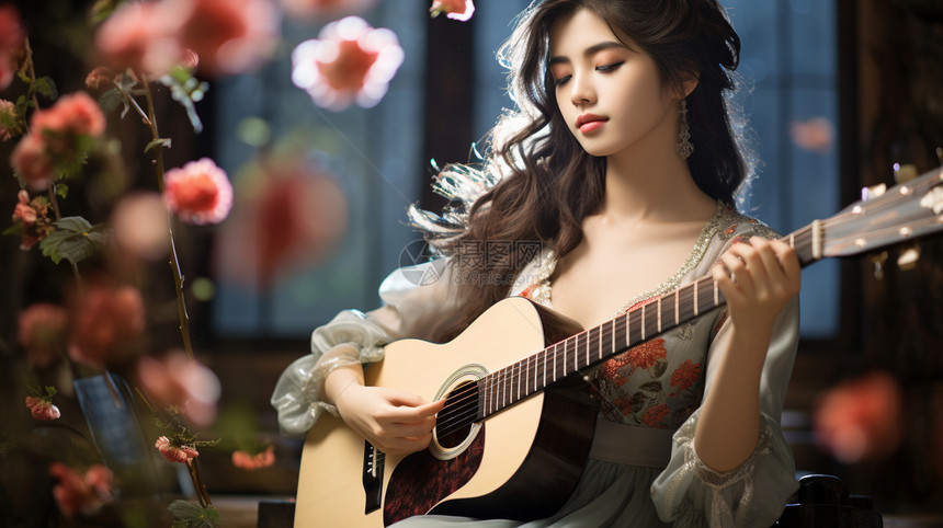 古风弹奏吉他的年轻女子图片