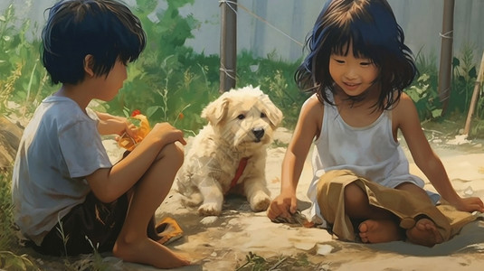 院子里玩耍的孩子和小狗图片