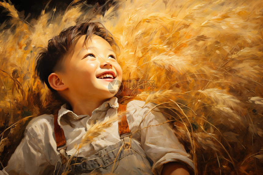 秋天小麦田中的小男孩图片