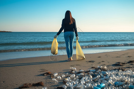 海边回收垃圾的志愿者图片