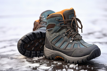冬季男鞋户外雪地上有一双鞋子背景