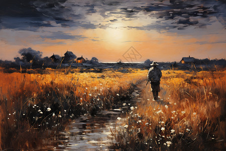 日落乡村的油画插图背景图片