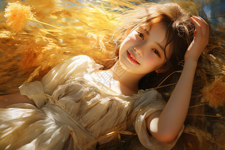 女孩躺在麦田躺在金色稻田上的小女孩插画