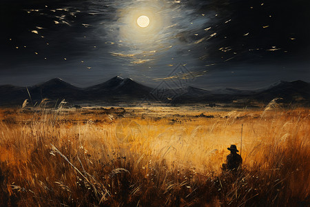 傍晚时秋天稻田中的油画插图图片