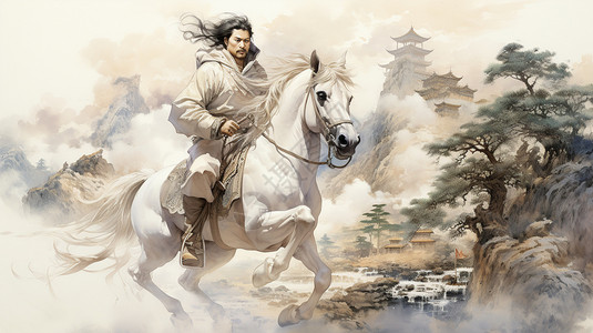 山中骑马的古代男子图片